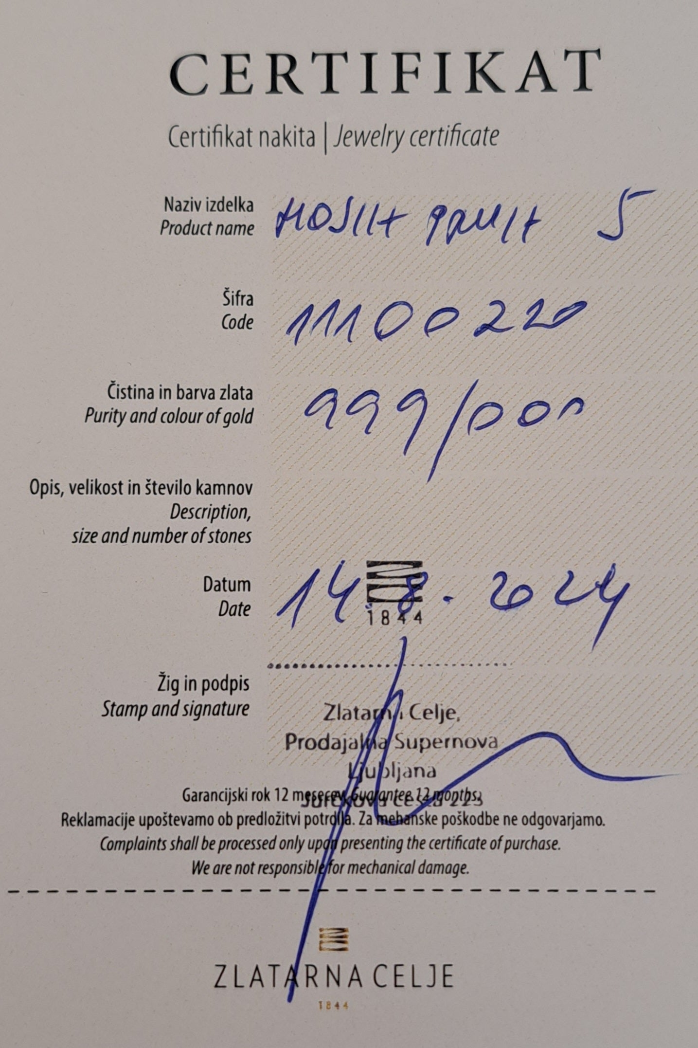 Naložbeno zlato ZC "Mojih prvih pet" 24K 999.9/1000; masa=5.00g